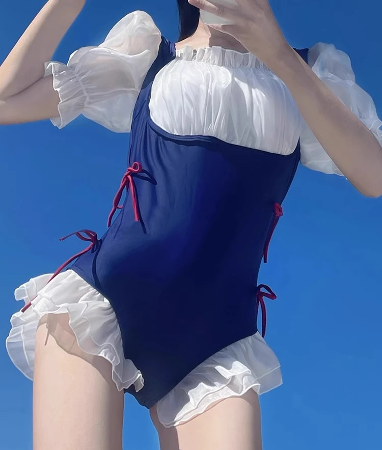ワンピース水着 レッド スイートボウ 気質 スクエアカラー 2025 新作 夏 女の子 可愛い フリル プールパーティー 海辺 ブルー 水着