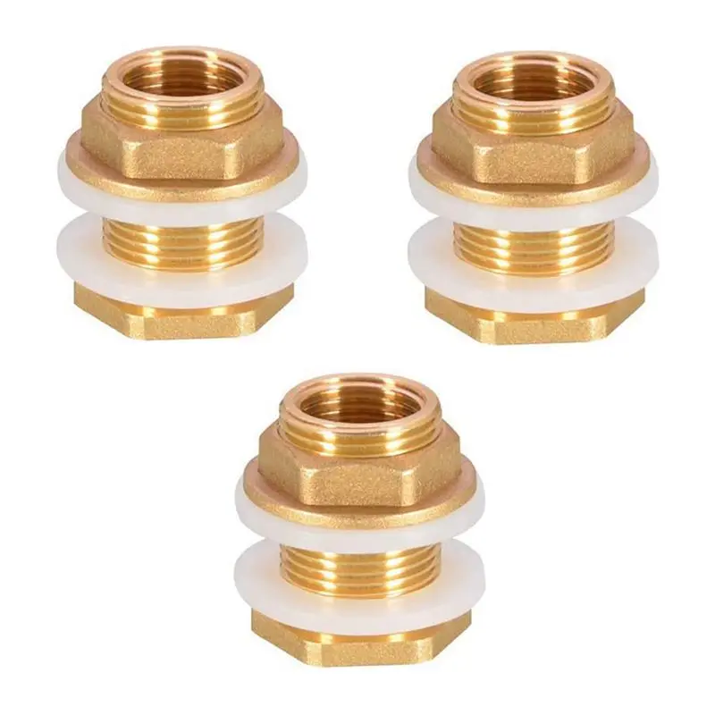 A01F-Solid Brass Bulkhead Fitting,6Sets 1/2In Female 3/4In Male Solid Brass Water Tank Connector Threaded With Silicone Rings
