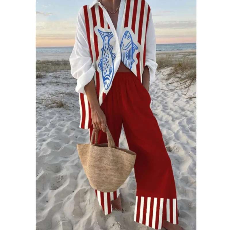 

2025 New Summer Vacation Style Cruise Print 2-Piece Set Lapel Shirt+Lace-up Wide-Leg Pants For Women Cruise Outfit Beach Holiday