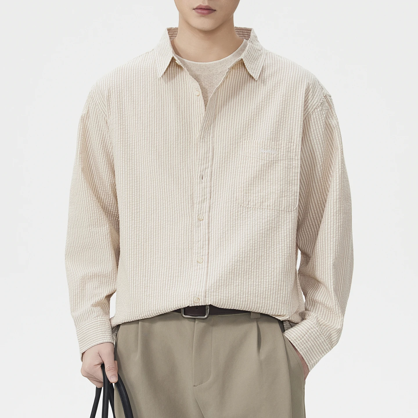 Men Fashion Vintage Commute Loose Casual Long Sleeve Stripe Shirts Male Women Couple Shirt Blouses Pure Cotton Seersucker Shirt