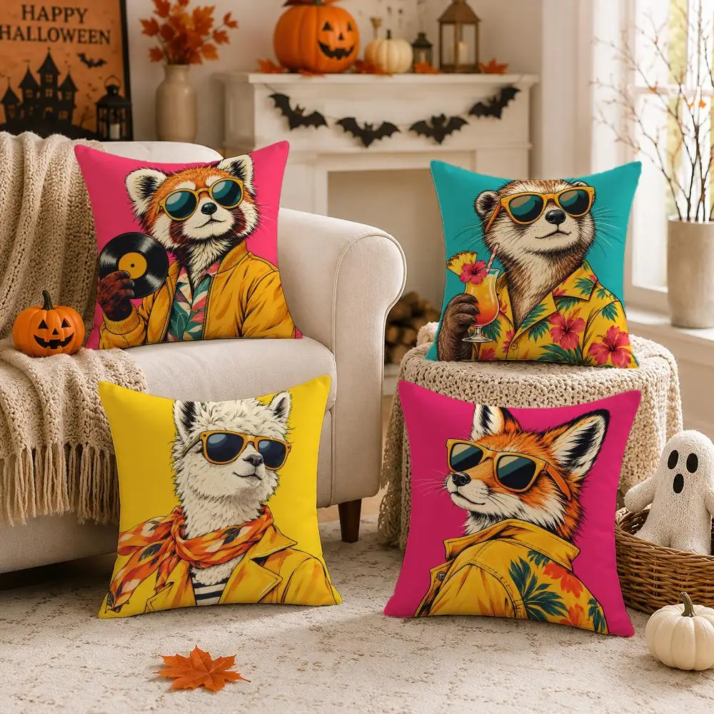 Sunny Animal Gathering Cushion Cover 1/4PCS Short Plush Pillow Cover Set Soft Decorative Cushion Case for Sofa Bed Home Decor