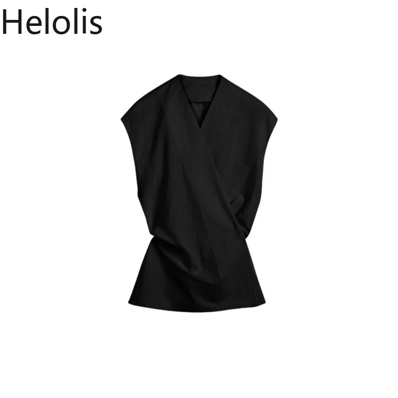 

Helolis Sleeveless Linen Cotton Shirt for Women 2025 Spring and Summer New V-neck Top