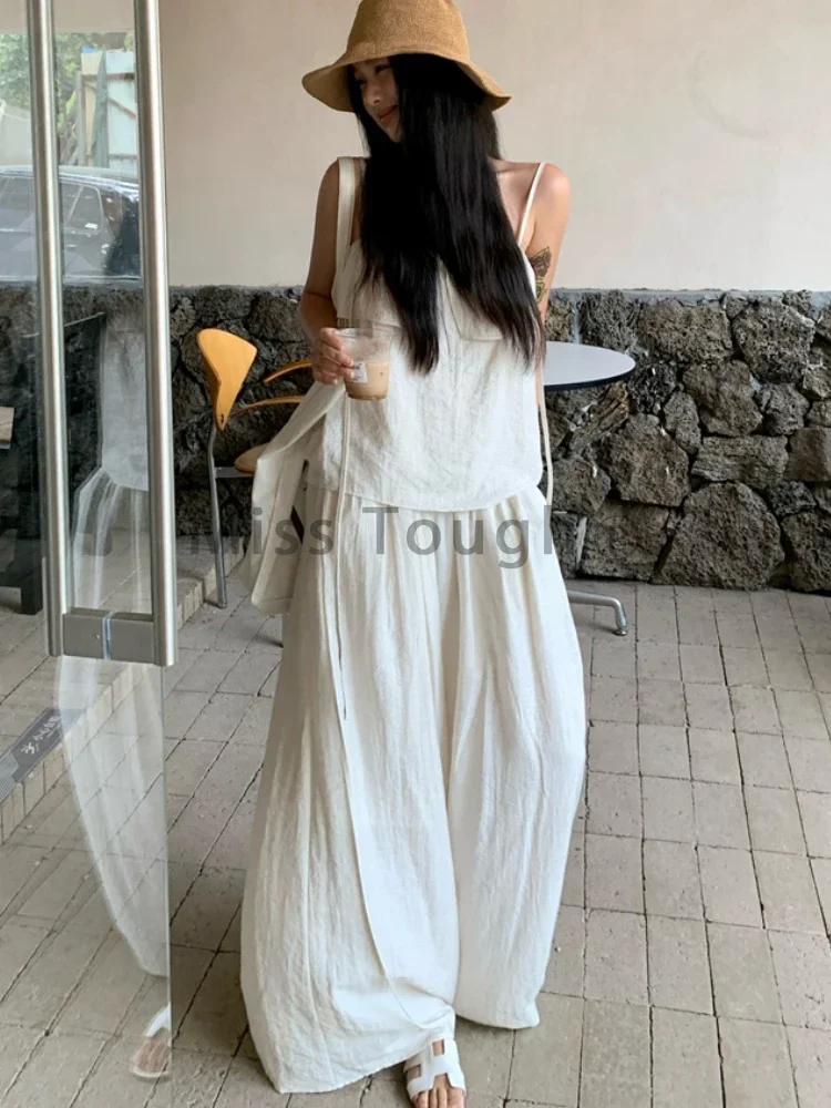 Summer Korean Fashion Solid Y2k 2 Piece Set Women Elegant Casual Loose Strap Tops + High Waist  Wide Leg Pants Female Clothing