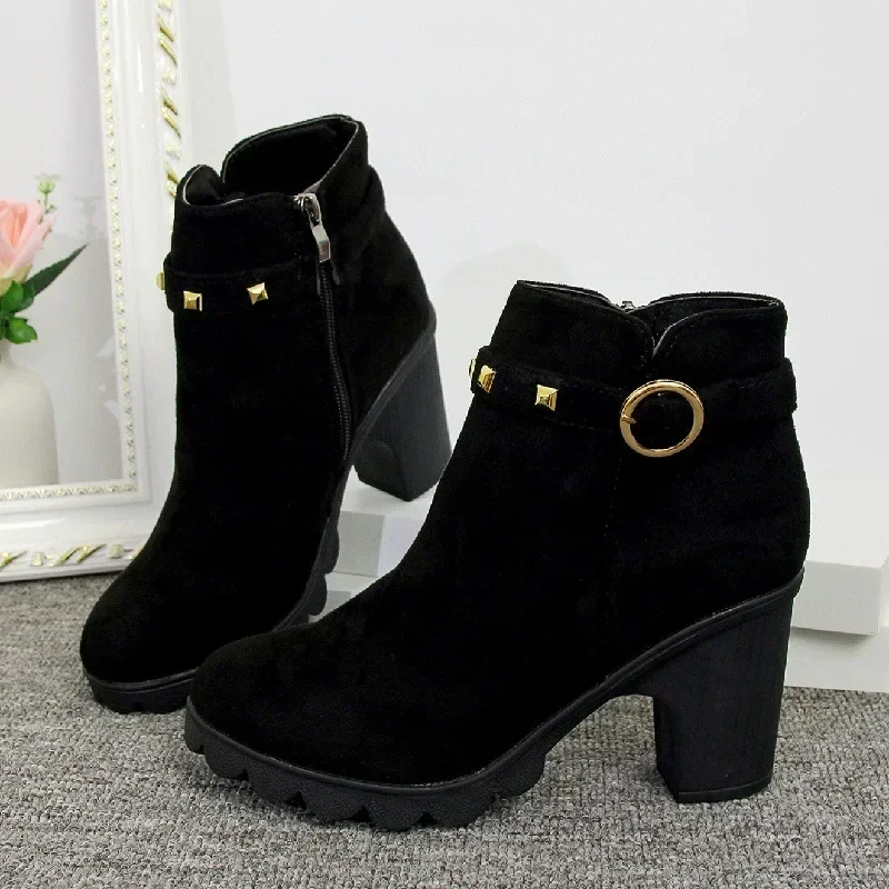 Women's Retro High Heel Ankle Boots Square Heel Woman High Leather Boots Female Round Toe Rivet Platform Short Bootines