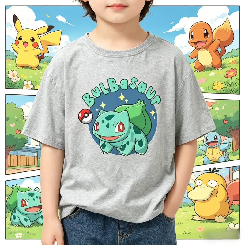 

Летняя хлопковая футболка Pokemon Bulbasaur 2026, унисекс, повседневная, дышащая, быстросохнущая, больших размеров, семейная спортивная футболка в стиле Y2K