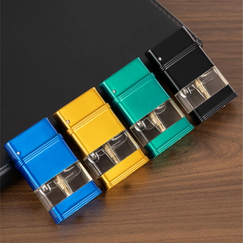 Accendino per finestra visibile in metallo con luce blu, antivento, fiamma rossa, gas butano, accendisigari portatile per uomo che fuma, piccolo strumento
