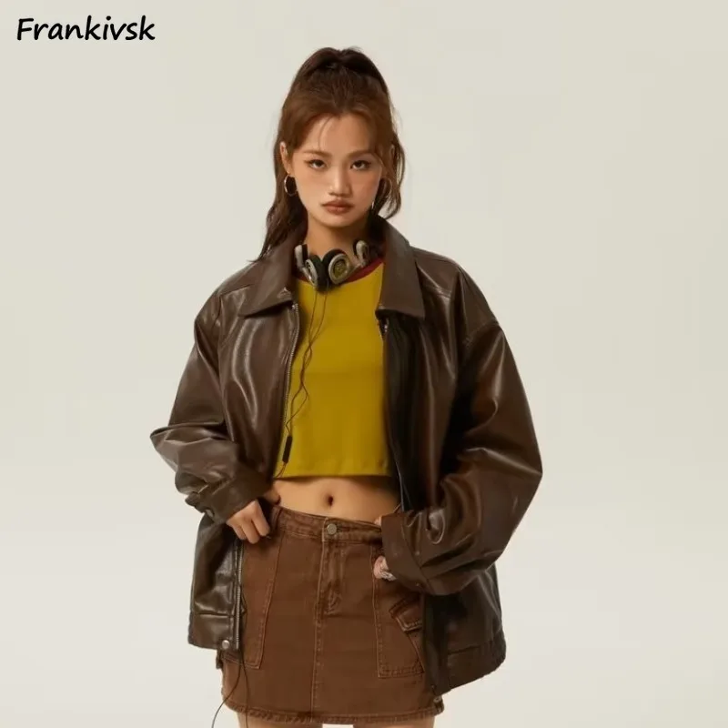 Jacket Women Pu-leather American Retro Loose Chic Long Sleeves All-match High Street Harajuku Autumn Simple Schoolgirls Fashion