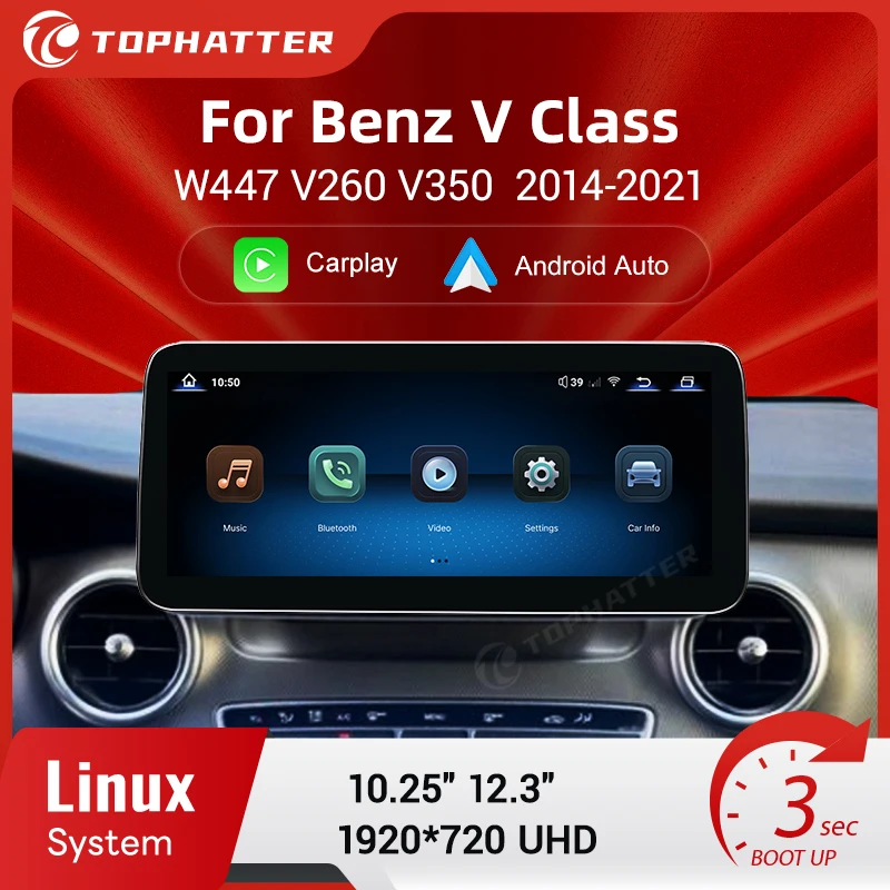 

Car audio Linux System 10.25'' 12.3'' 2K pantalla carplay coche for Mercedes V Class W447 V260 V350 2014-2021 with Android Auto