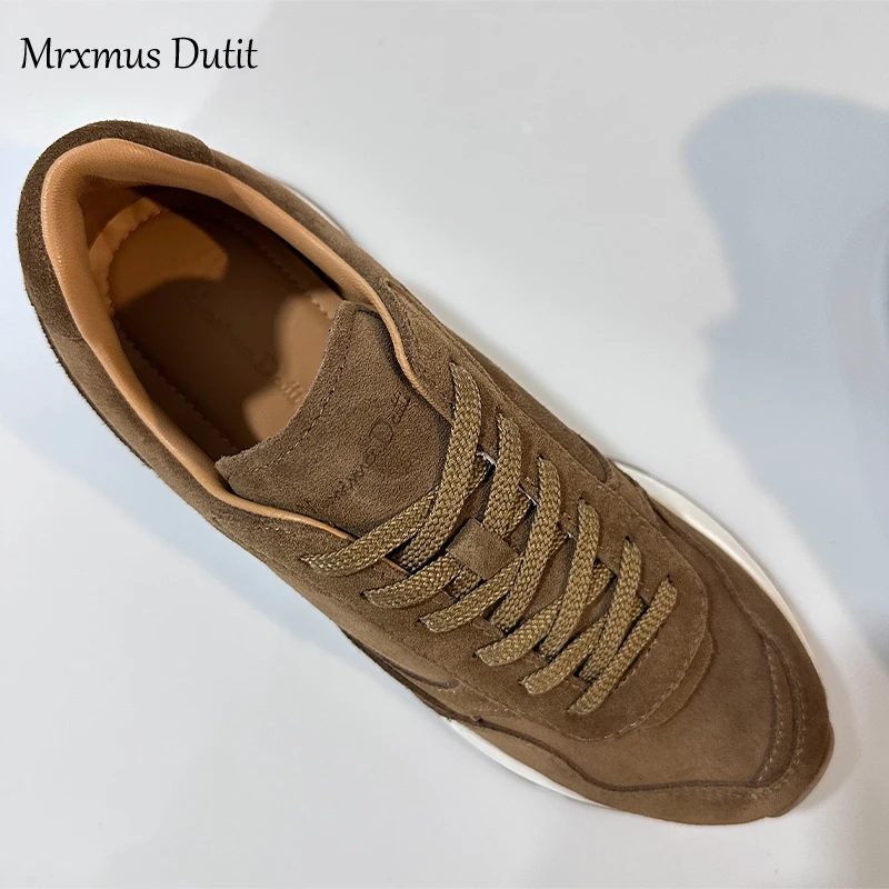 Mrxmus Dutit 2024 Nieuwe Dames Lente Mode Suède Leren Vetersluiting Platte Schoenen Met Dikke Zolen Eenvoudig Casual Vintage Sneaker Vrouwelijke Chic