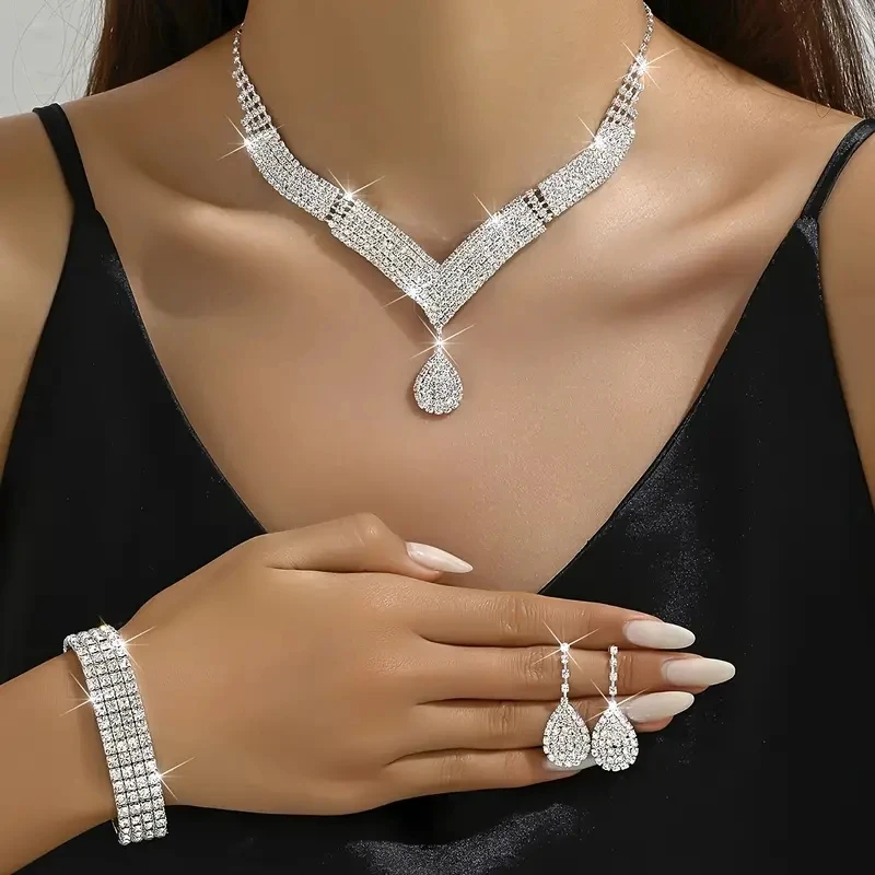 4 Pcs Luxurious Jewelry Set Rhinestone Droplet Shaped Necklace Bracelet Earring Elegant Women\'s Wedding Accessories Necklace Set