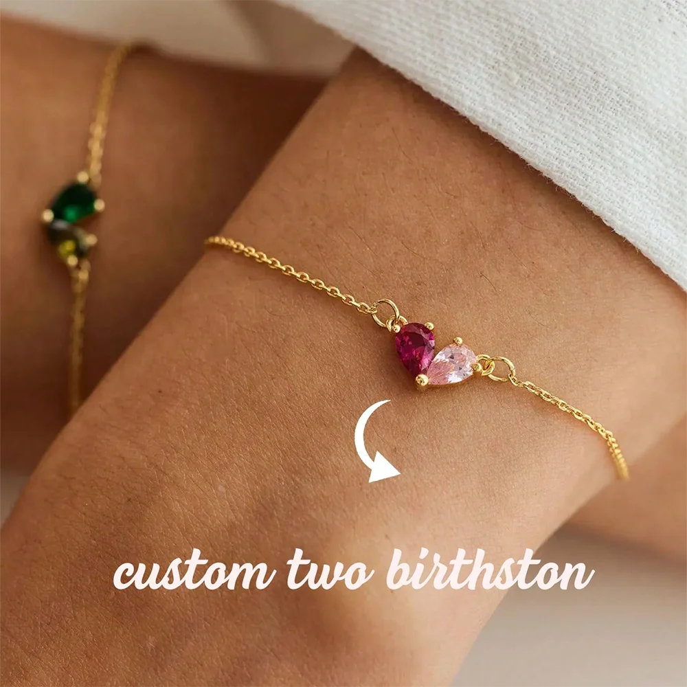 

Custom Two Birthday Stone Heart Pendant Bracelets For Women Mama Jewelry Gift Romantic Mother's Day Stainless Steel Chain Summer