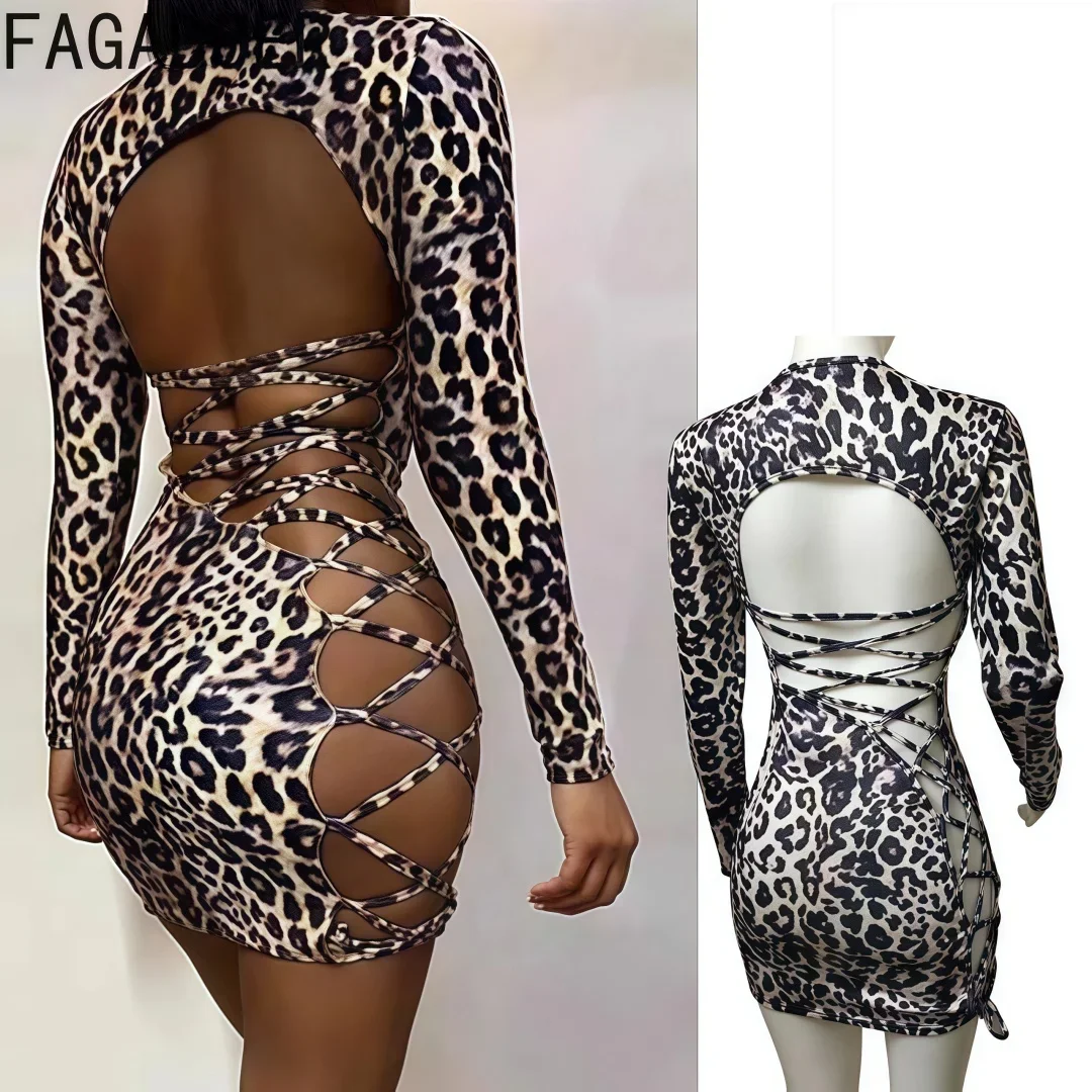 

FAGADOER Sexy Leopard Print Mini Dress Women Backless Bandage Patchwork Bodycon Dresses Hot Girl Party Clubwear Vestidos New