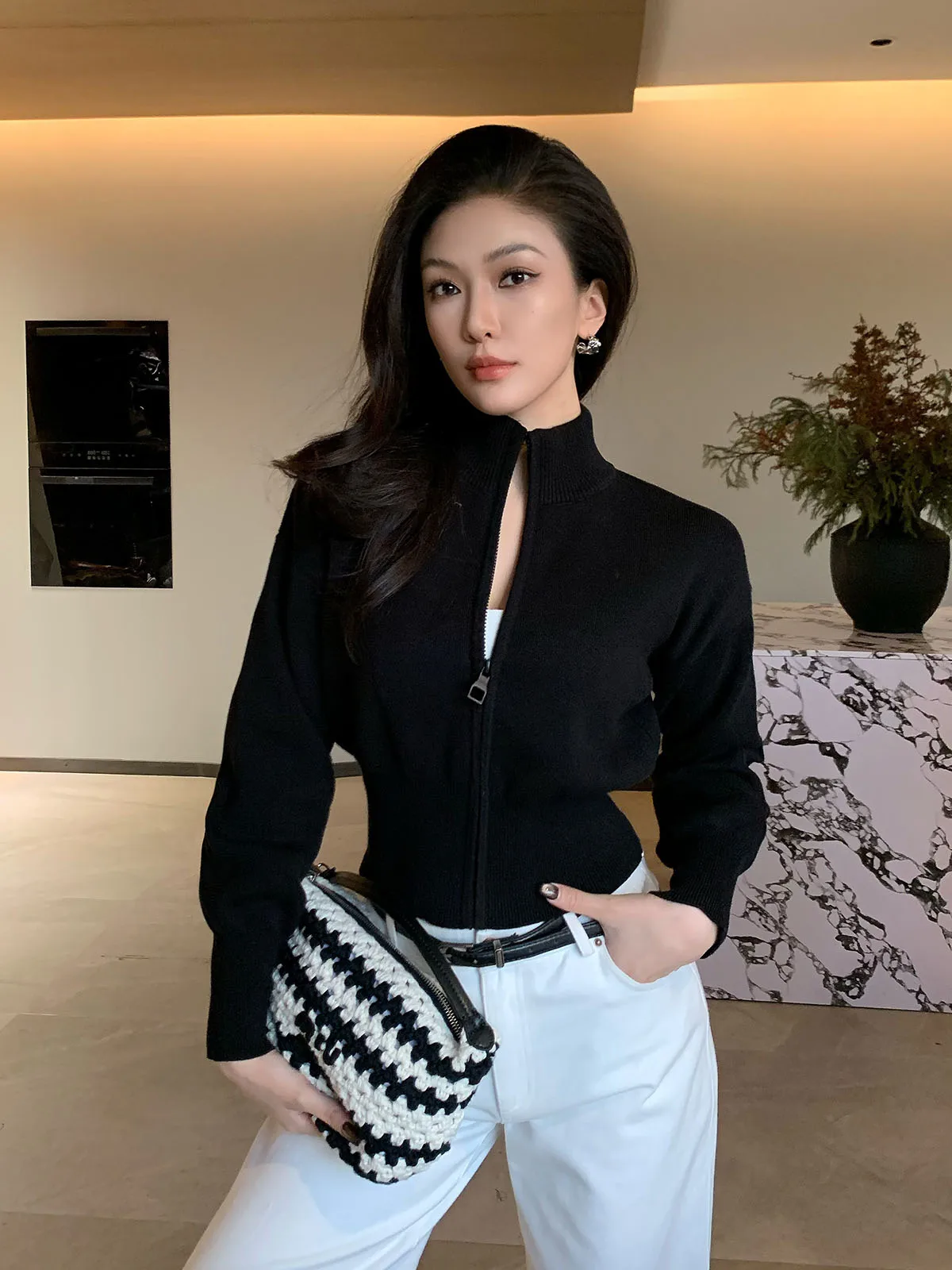 

Slim Fit Long Sve f Zip Bla Knitwear Casual Versatile Single Wear Autumn Winter Faion Knitted Top JIJINQI