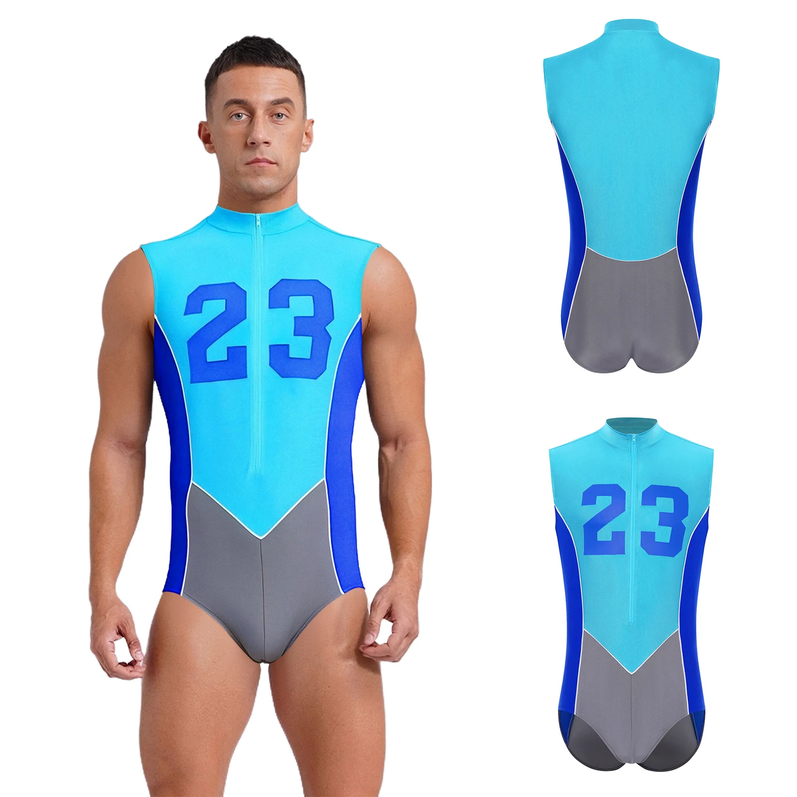 

One Piece Swimsuit Bodysuit Mens Sleeveless Front Zipper Number Printed Color Block Leotard for Cycling Running Workout Exercise