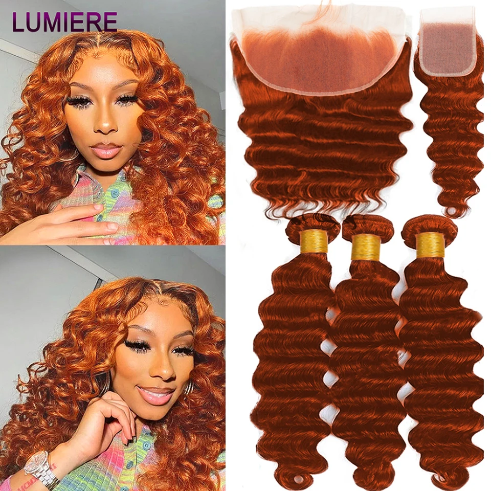 Paquete de cabello humano con cierre, extensiones de cabello peruano con ondas profundas, color naranja jengibre, degradado, HD, transparente, encaje Frontal, n. ° 350