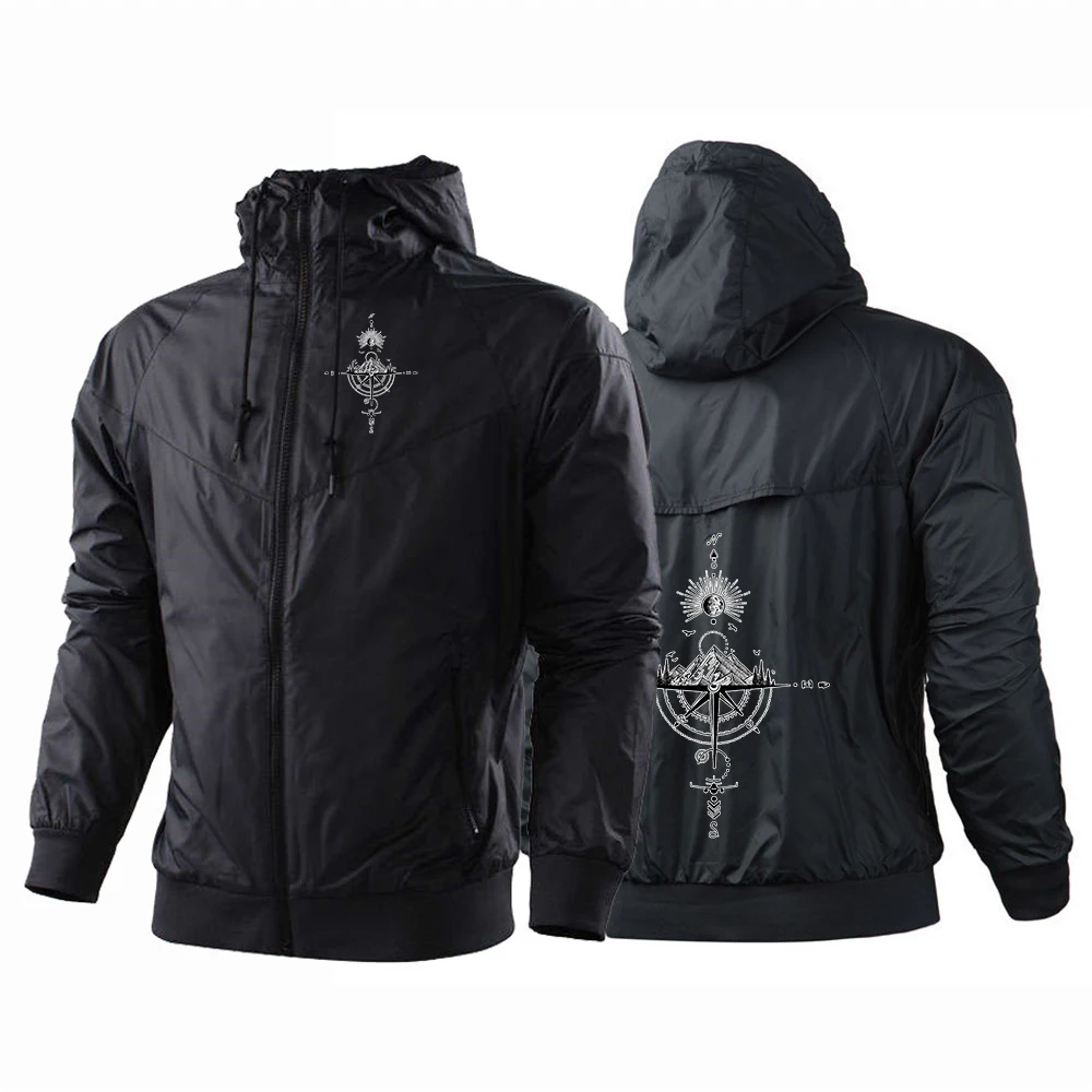 Spring Autumn Retro Compass Logo Print 2025 Men's High Quality Outdoor Sports Jacket Hooded Windproof Fashion Casual Brand Coat