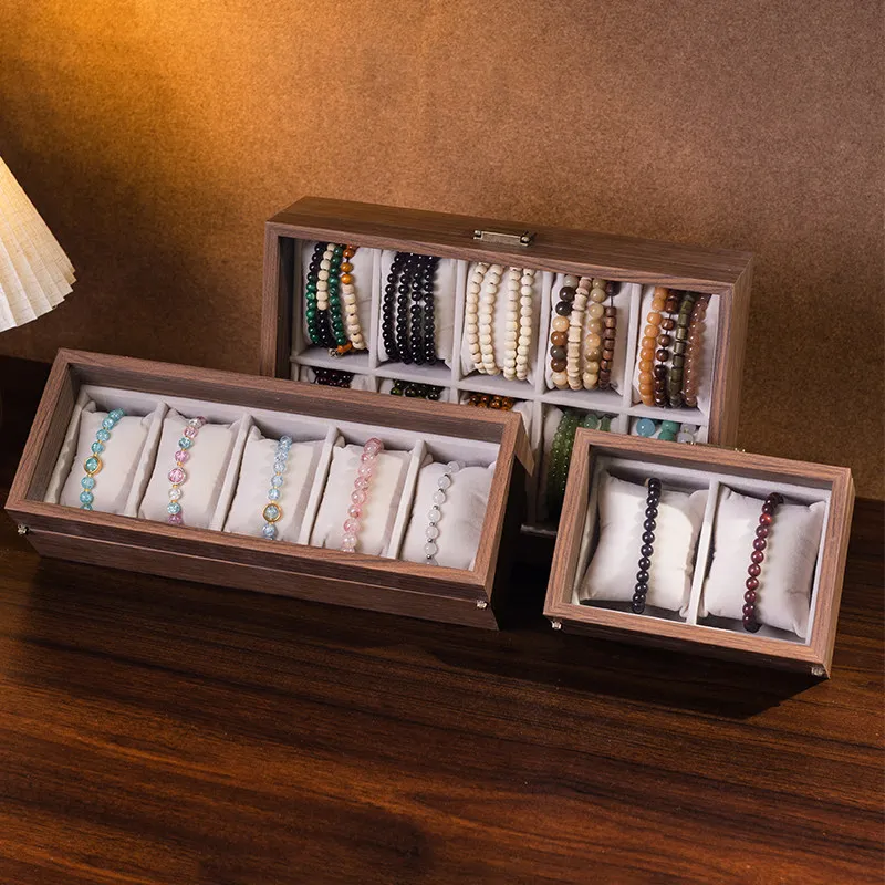 Vintage Wooden Jewelry Storage Box Crystal Bracelet Bangle Bead Ornament Collection Display Organizer Case Grid