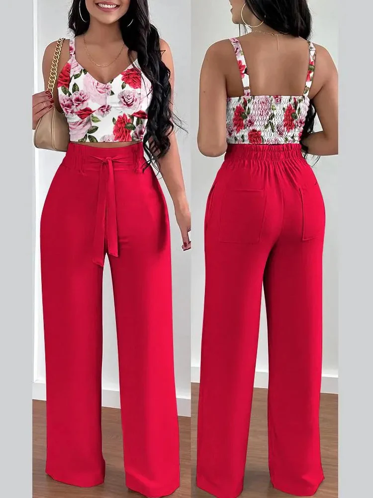 Women Fashion Print Halter V-Neck Short Tank Suit Tops Long Pants Matching Set Summer Casual Female Slim Pants Two Piece Sets