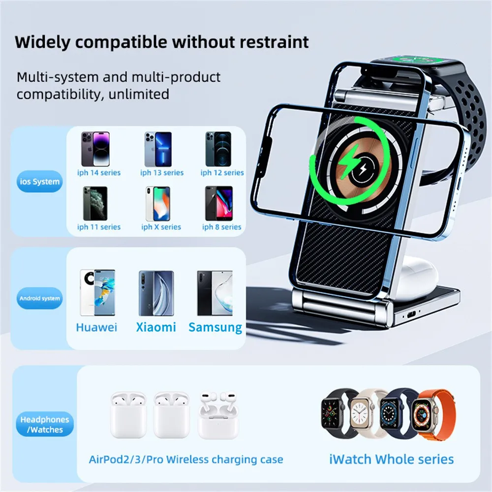 New 3 IN 1 Magnetic Wireless Chargers Stand For iPhone 14 13 12 11 X XS Fast Charging Station For Apple Watch SE 8 7 Airpods Pro