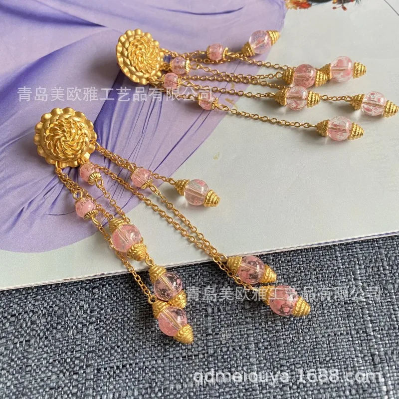 Guochao Peach Blossom Drunk New Medieval Romantic Sweet Sunflower Antique Pink Bead Long Tassel Shoulder Stud Earrings Jewelry