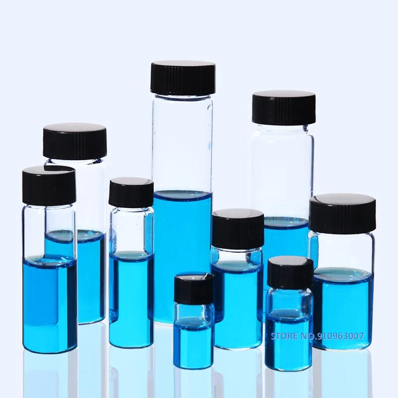 20pcs/pack 3ml to 60ml Clear Glass sample bottles with black plastic screw cap, essential oil bottle for lab use