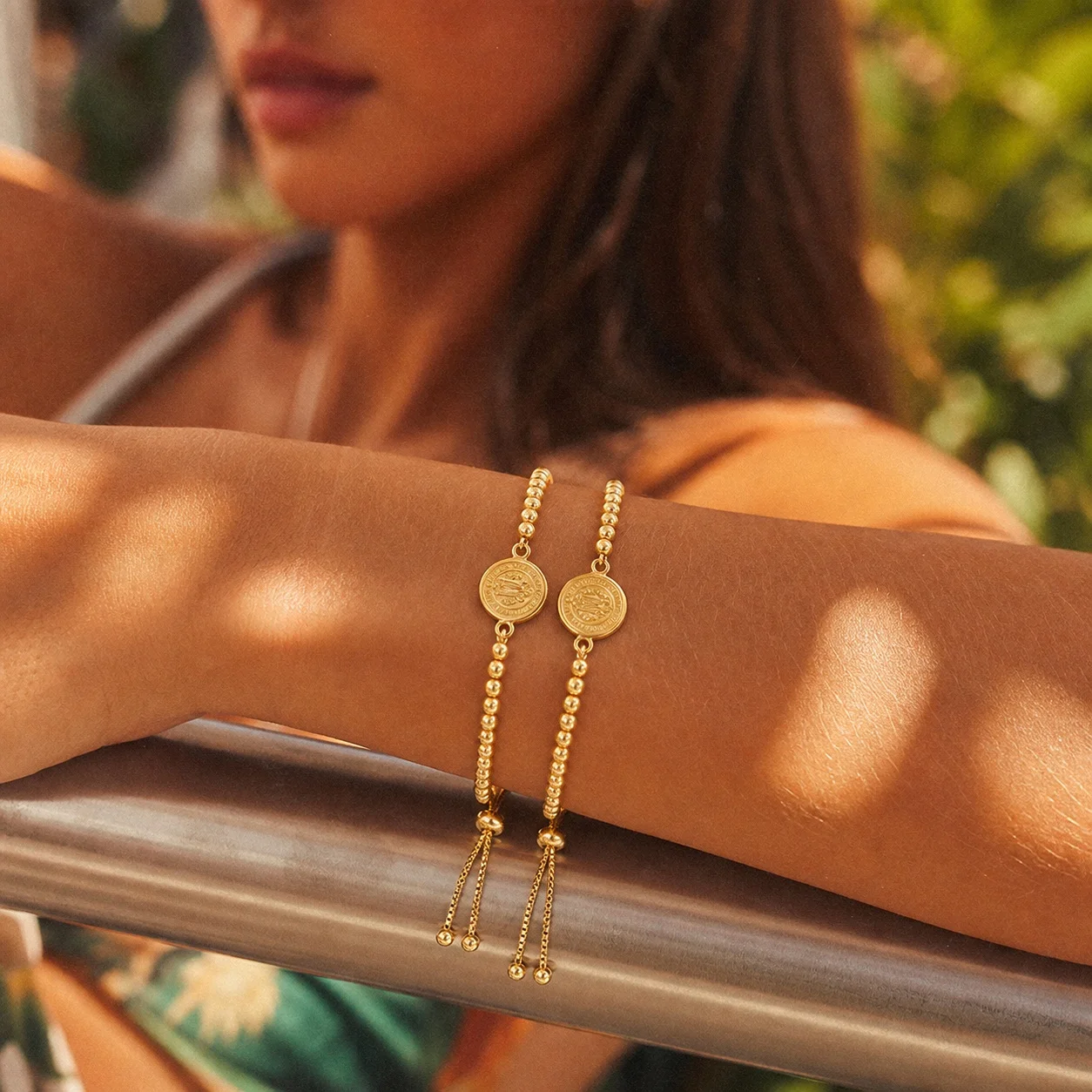 2pcs Gold Tone Copper Beaded Bracelet with Round Catholic Medal Charm Tie Closure Religious Jewelry for Women Gift for Her
