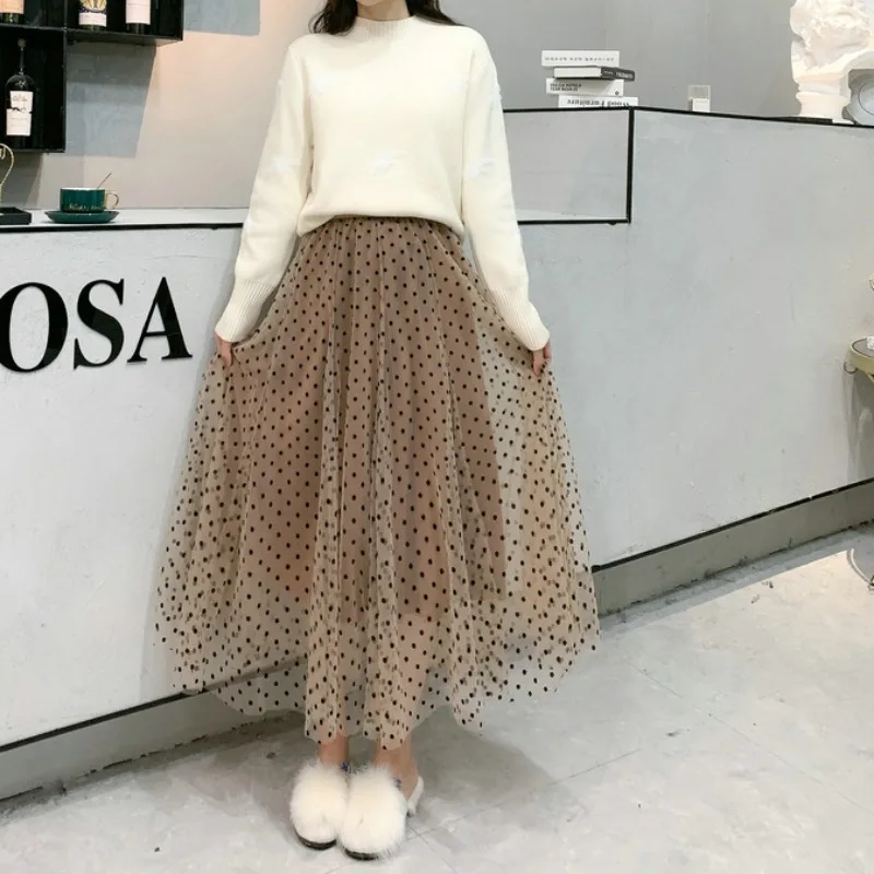 

2024 New Women Summer Holiday Party Mesh Yarn Skirt Casual Elastic High Waist Muti-layer Dot Print Patchwork Tulle A-line Skirts