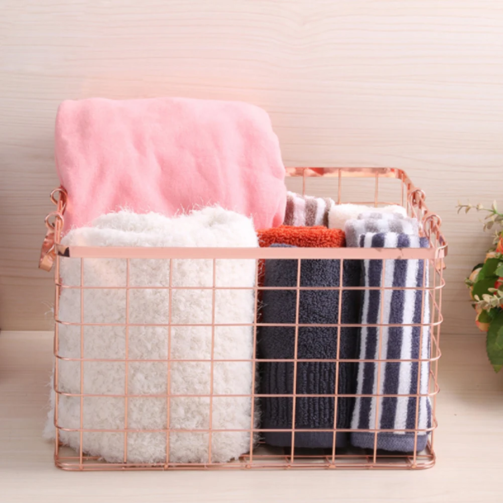 

1pc Iron Storage Basket With Handles Rectangular Wire Organizer For Laundry Towels Kitchen Pantry Bedroom Bathroom Household
