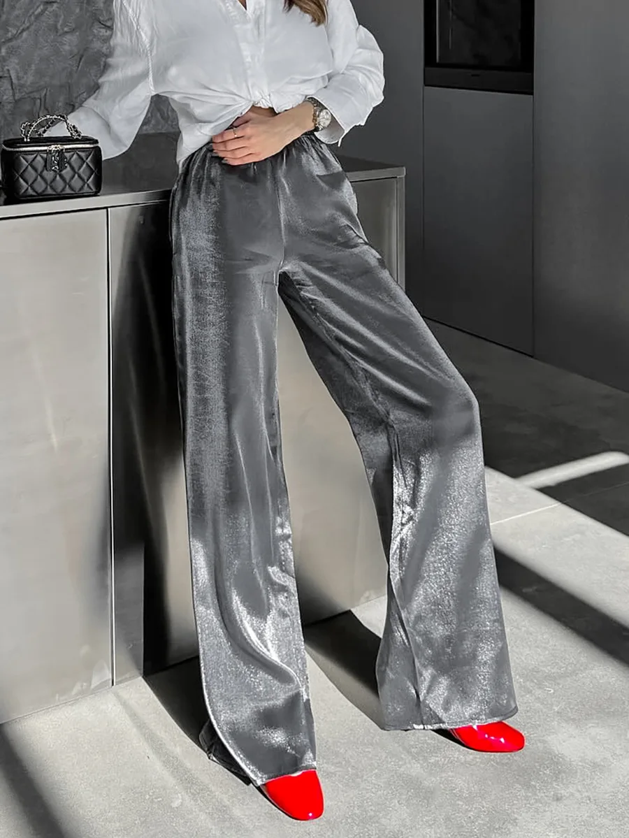 

Summer Fashion Multifunctional Yarn Solid Color Mid Waist Elastic Pants Casual Fashion Design Elegant Women's Straight Leg Pants