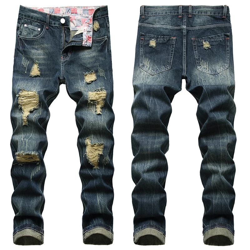 Denim Casual Ripped Trousers Men's Fashion Long Plus Size 28-42 Jeans Hole Ruined Ripped Cotton s Dark Blue Dropship