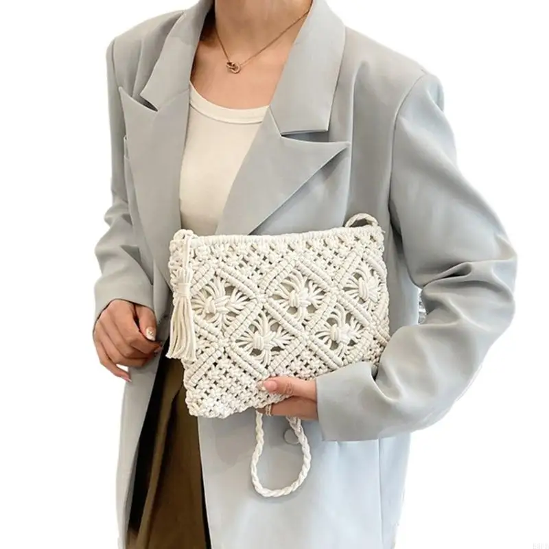 Elegant White Cotton Woven Shoulder Bag for Ladies with Fringe Detail Crossbody Purse Sling Pack Organized Compartments