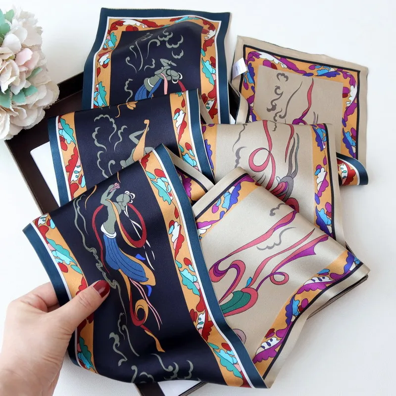 

Vintage Chinese Style Silk Feeling Scarf Dunhuang Fresco Print Square Neck Wrap Multi-functional Hair Band Bag Decoration