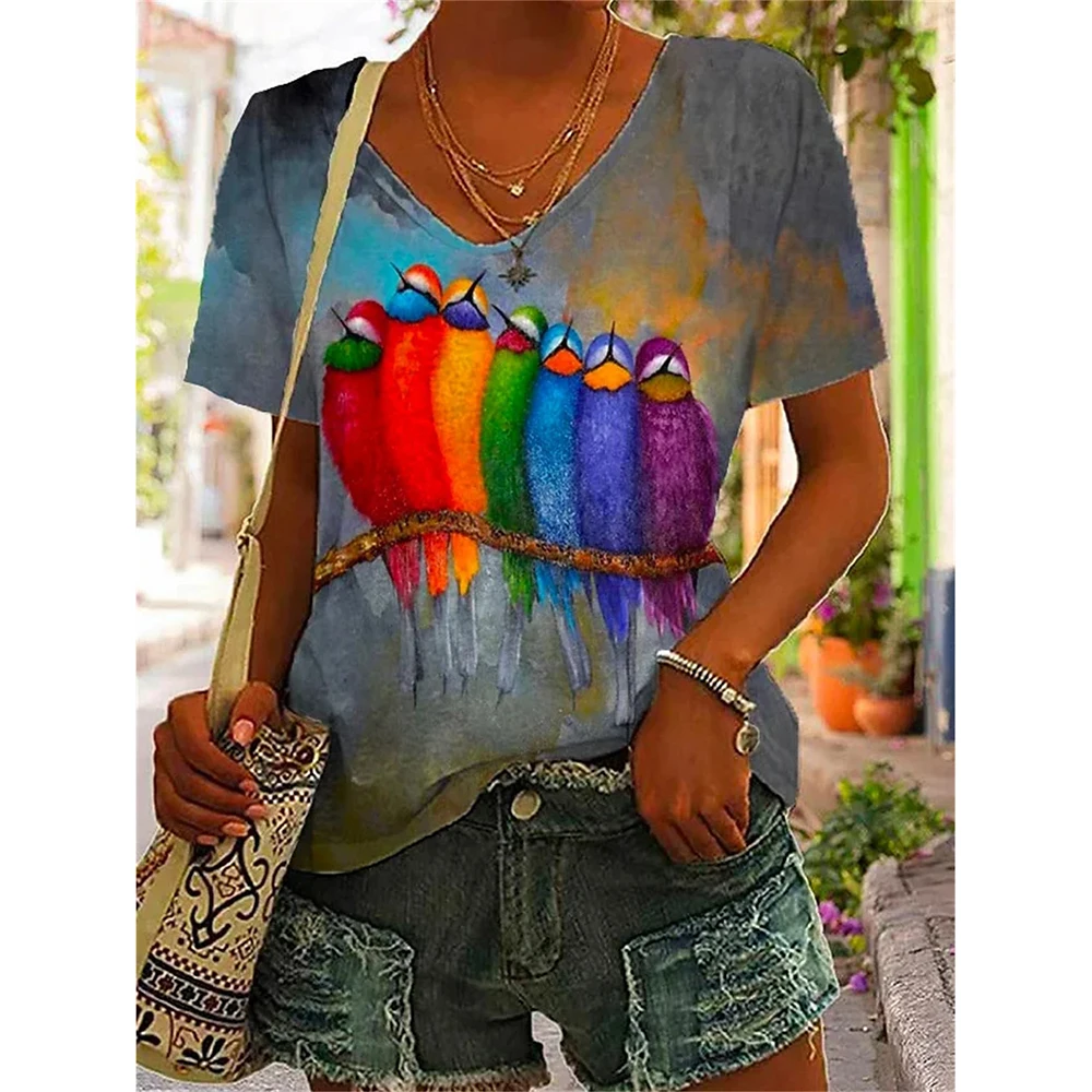 Women Tshirt Summer Colorful Print Gradient Clothing V Neck Short Sleeve Animal Tops Streetwear Fashion Oversized Girls T-Shirts