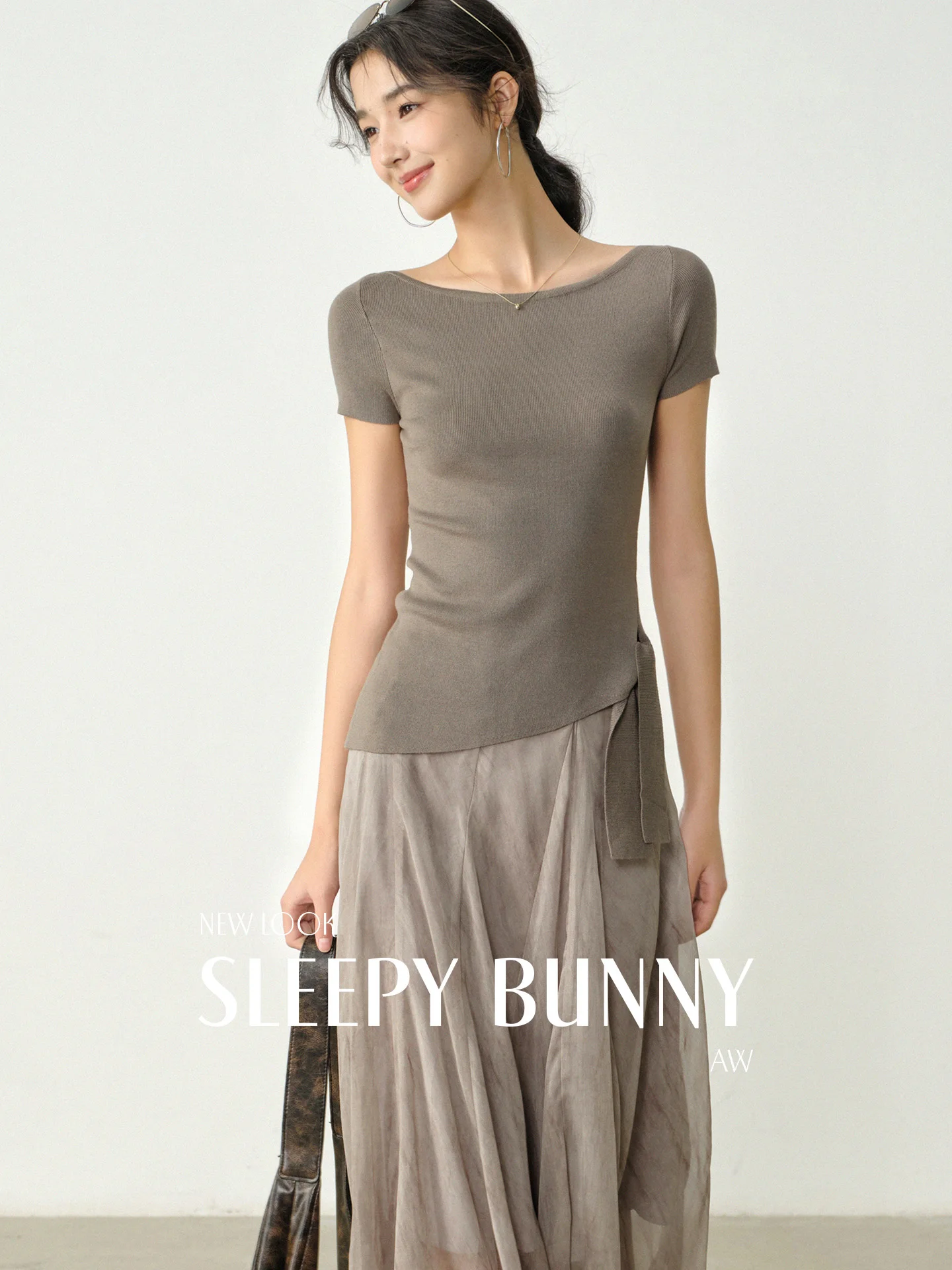 

Elegant Slim Fit Chic Off Shoulder Knit Top Summer Short Sleeve Sweater Blouse Tie Waist Fitted Shirt Women Casual Fashion Wear