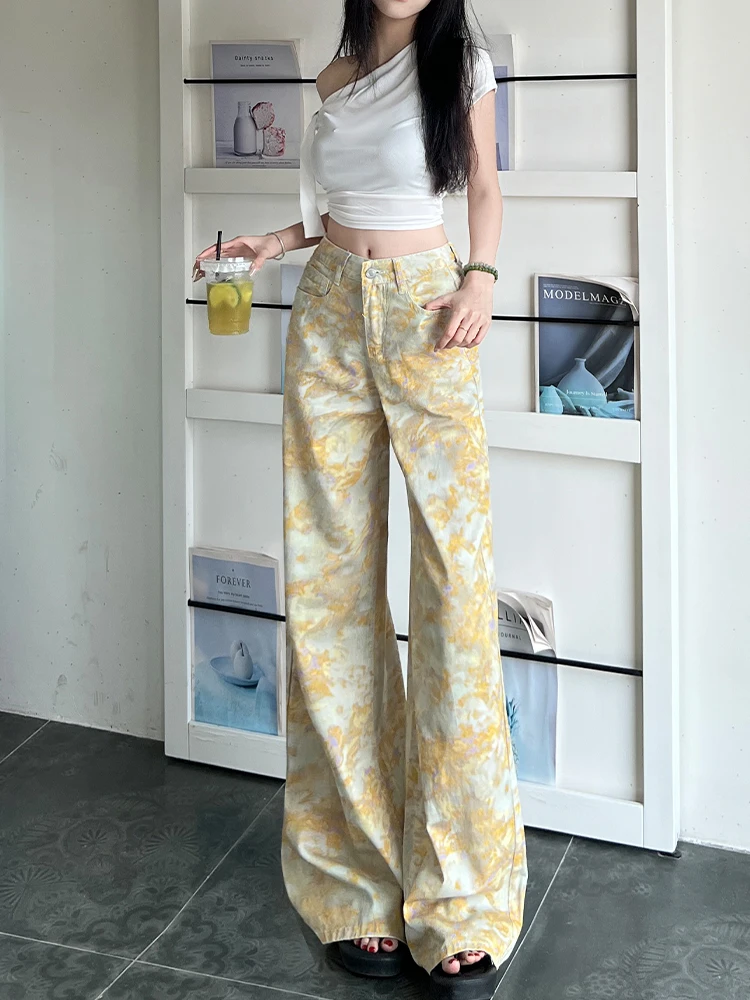

American Retro Tie Dye Printing Denim Pants Female Casual Wide Leg Straight Trousers Autumn New Washed Loose Versatile Jeans