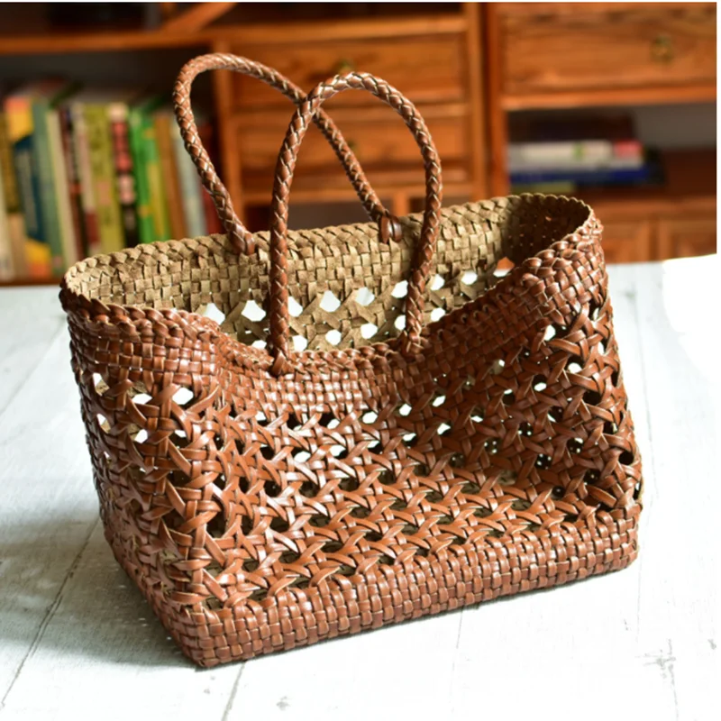 Designer woven tote shopper bag women genuine leather cowskin basket handbag female hollow out bucket bag 2022 summer new