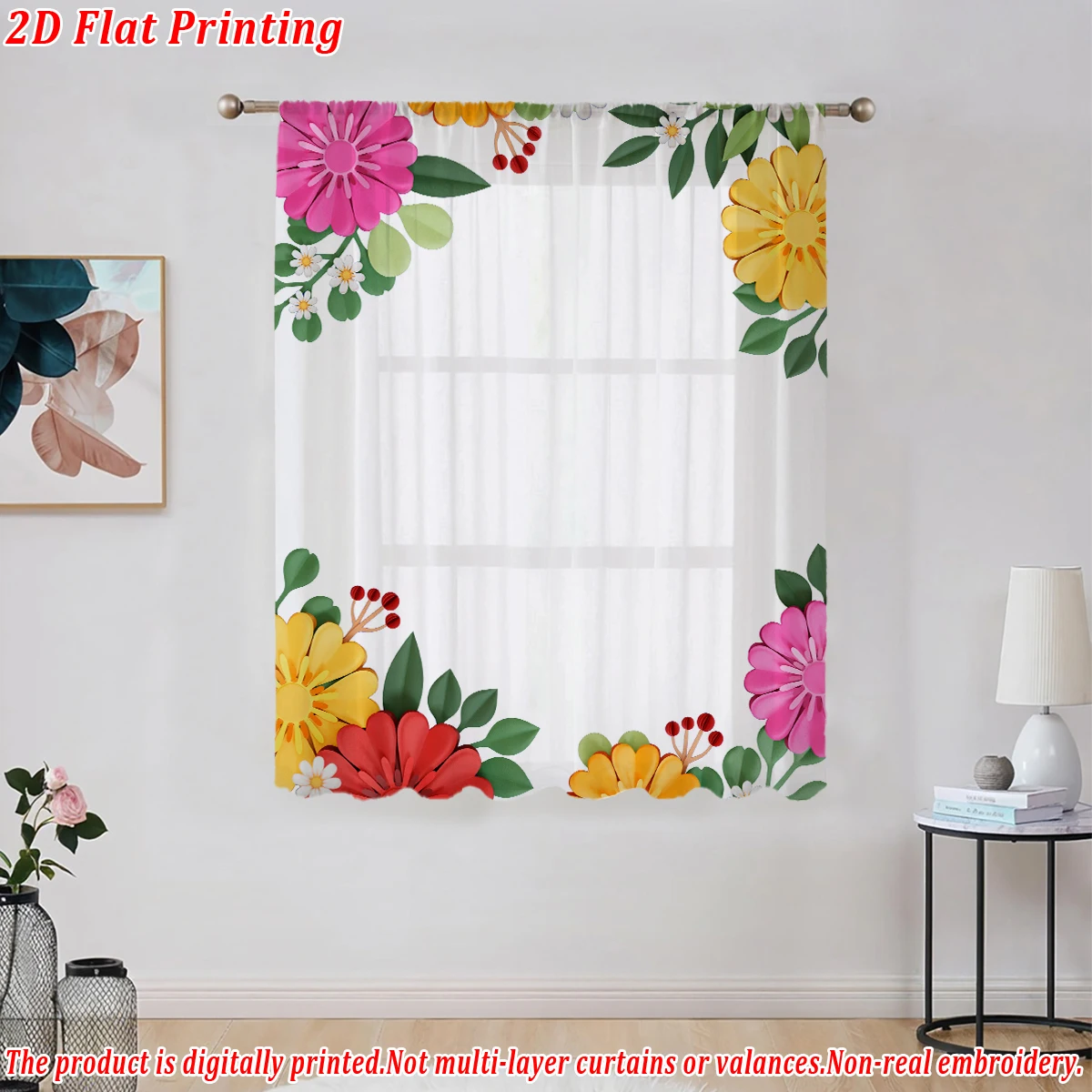 ستارة شفافة بطباعة مسطحة على شكل زهور ملونة، قماش خفيف، لغرفة المعيشة وغرفة النوم وديكور المنزل والنافذة