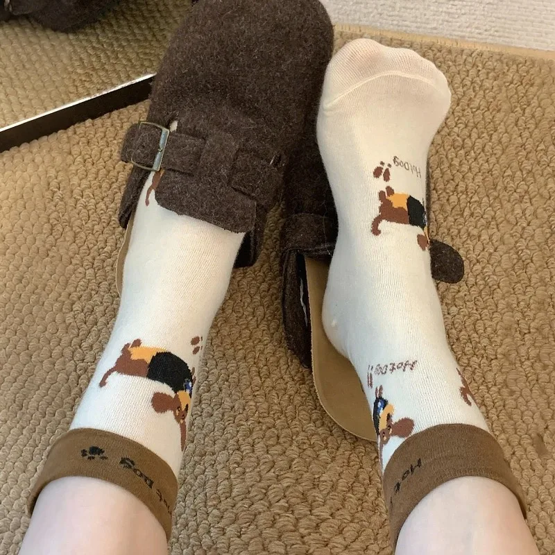 

1/4pairs Kawaii Cartoon Embroidered Puppy Mid-Calf Socks Lovesome Sausage Dog Striped Spot Socks Fashion Soft Cotton Cute Sock
