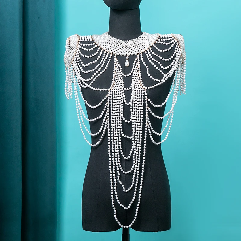 Fashion Tassel Design Handmade  Pearl shoulder Chain Big Size Necklace Pearl-Body-Chain for Women Jewelry Wedding Dress Accessor