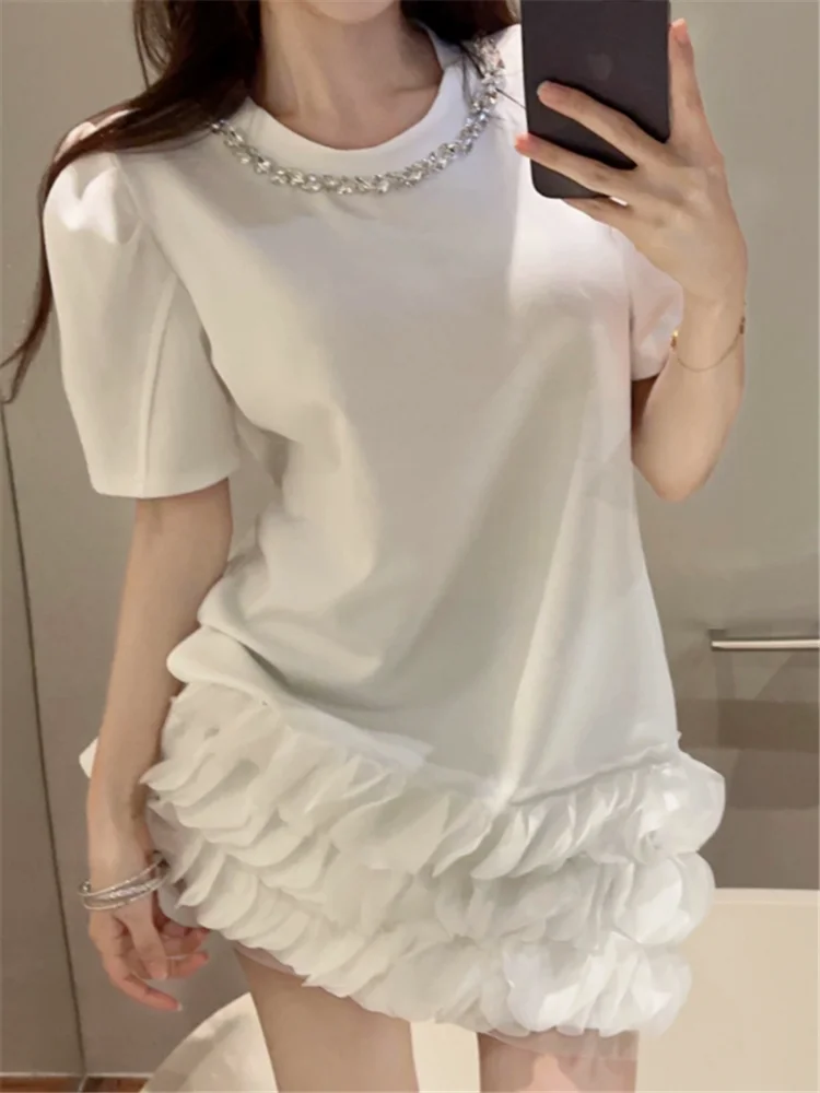 

Women Black White Chic Beads O Neck Casual Mini Dress Flower Petal 2025 New Summer Fashion Short Sleeve Loose T Shirt Dress