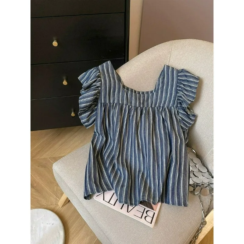 French Style Sweet Niche Square Neck Short-sleeved T-shirt Women's Striped Women's 2024 Summer New Striped Cute Top