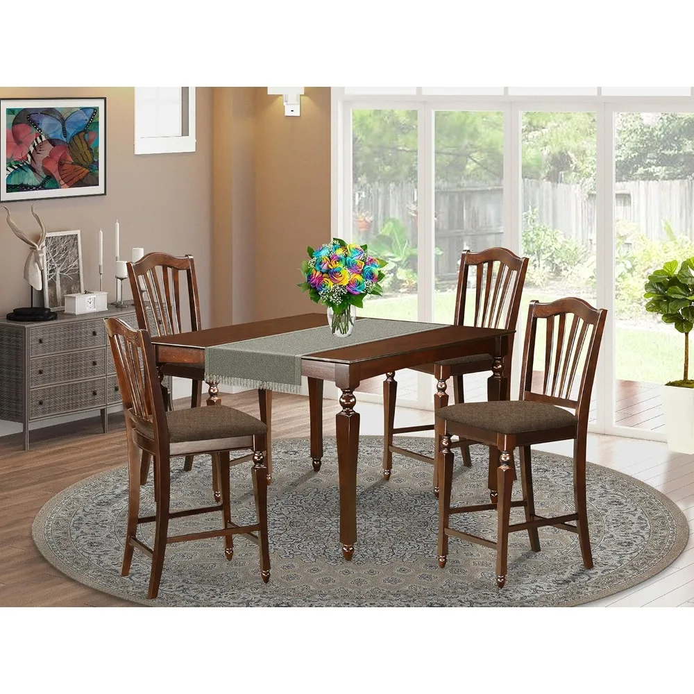 5 Piece Counter Height Set Includes a Square Dining Room Table with Butterfly Leaf and 4 Linen Fabric Upholstered Chairs