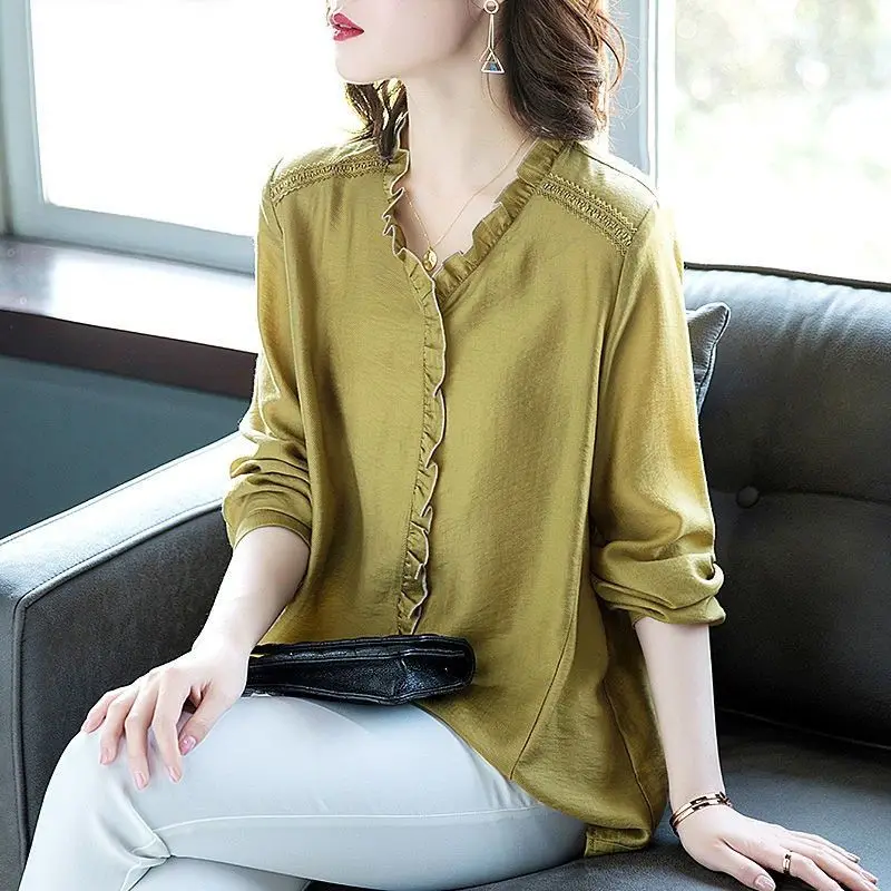 Large Size Long Sleeved Temperament Wooden Ear Edge Chiffon Shirt for Women's 2024 Spring Autumn Loose Simple Loose Elegant Top