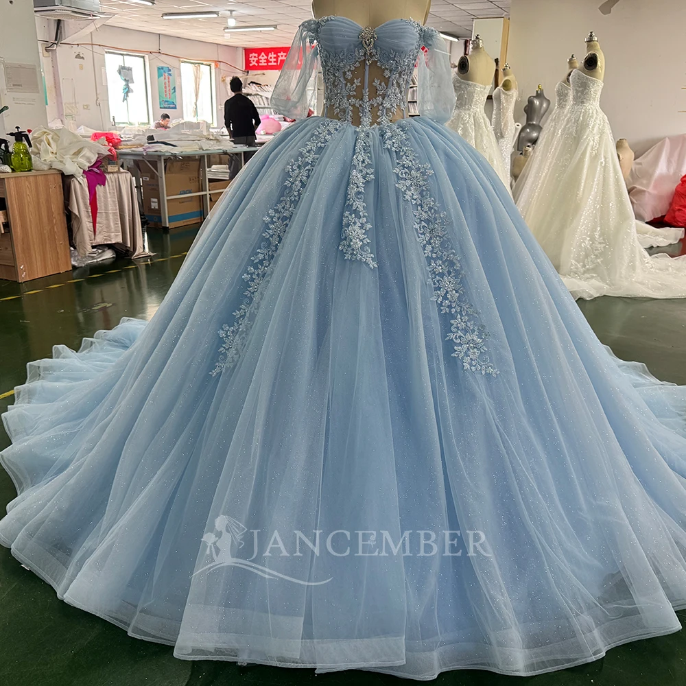 블루 프린세스 볼 가운 킨세아녜라 드레스 반짝이는 스쿱 레이스 생일 파티 맞춤형 우아한 파티 드레스