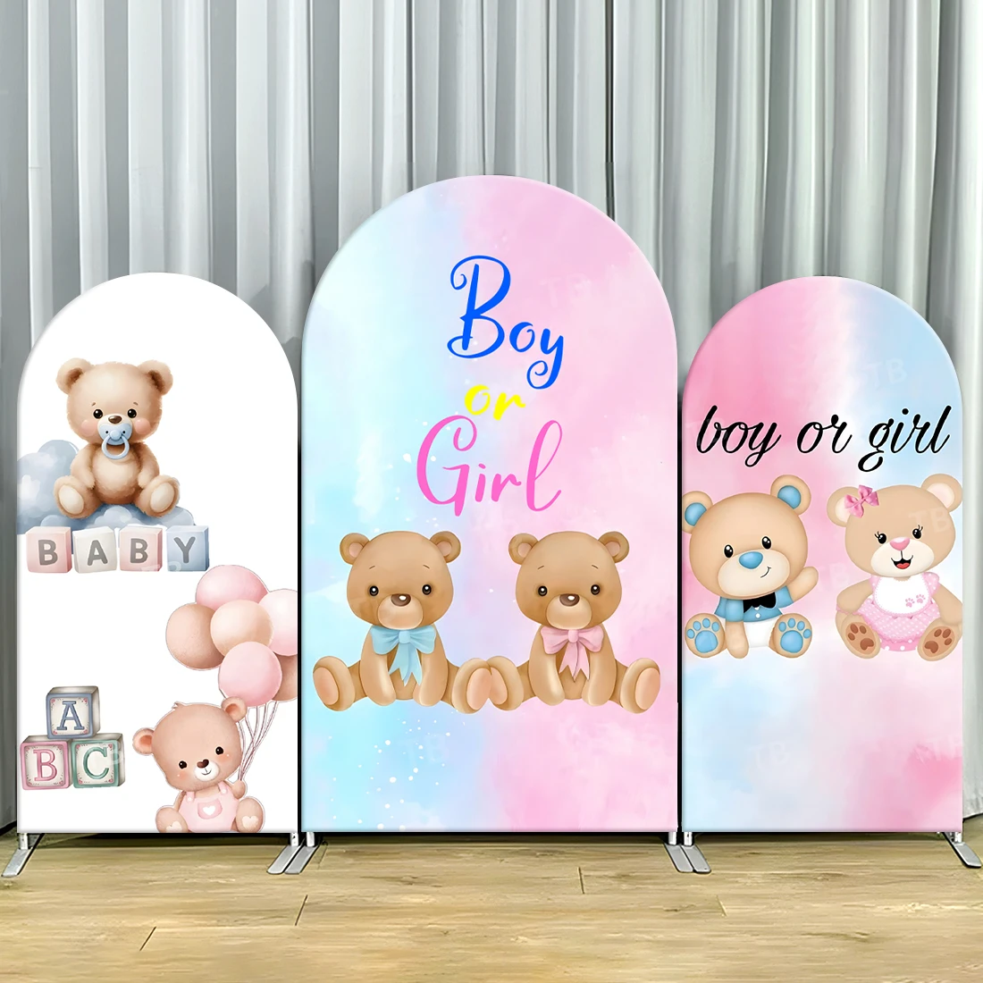 

Gender Reveal Arch Backdrop Cover Boy or Girl Teddy Bear Theme Elastic Fabric Cover Baby Shower Supplies Background Decoration