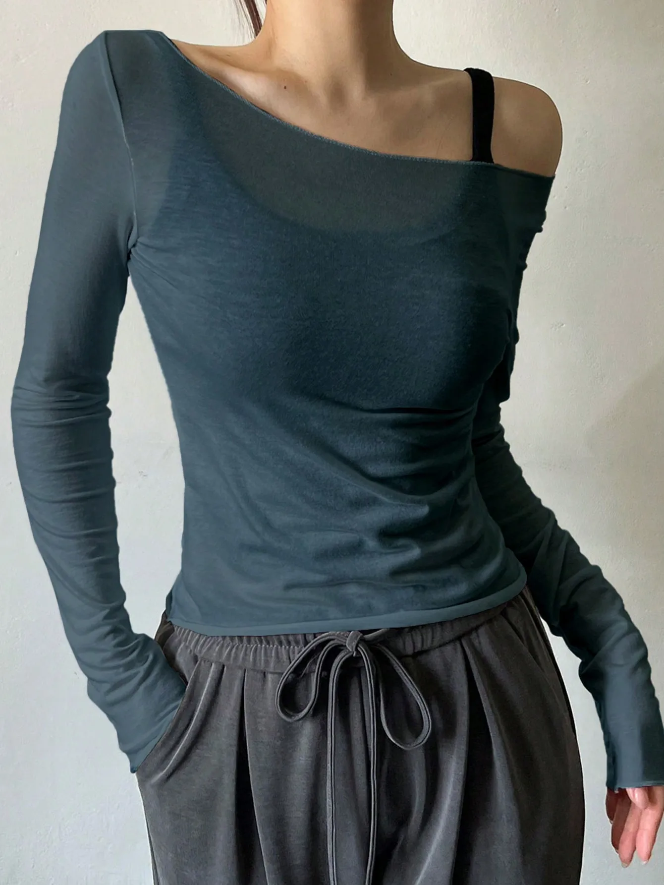 2026 New Arrival Women's T-Shirt: Off-the-Shoulder Semi-Sheer Long-Sleeved Casual Sexy Halter Neck