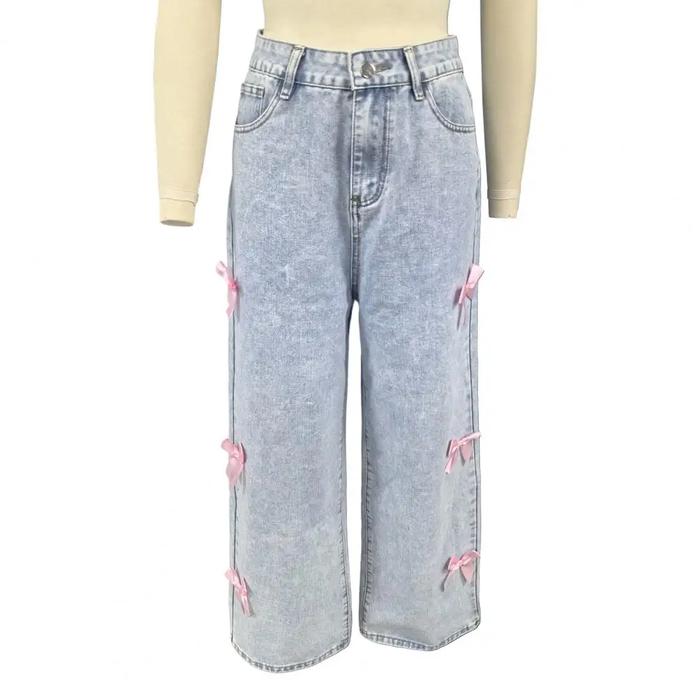 Summer Women's Wide Leg Denim Pant Bow Tie High Waisted Straight Leg Casual Baggy Jean Trousers Blue