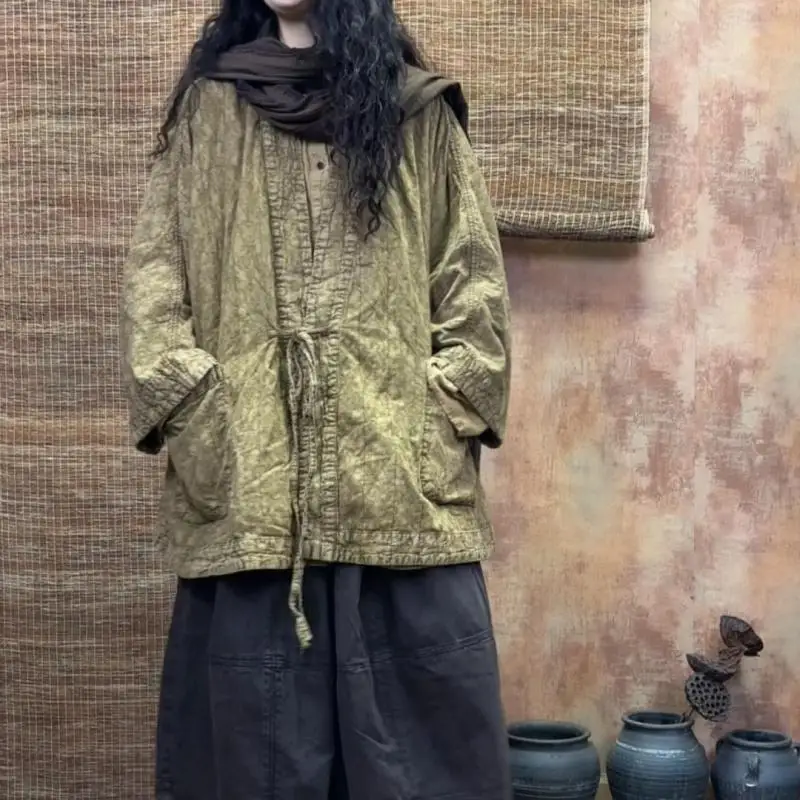 جديد الخريف الفنون نمط المرأة الخامس الرقبة جاكيتات كلاسيكية جيوب مزدوجة فضفاضة جلد القطن الكتان معاطف عالية الجودة