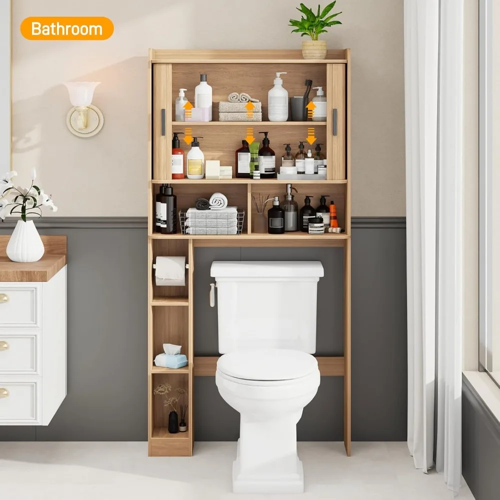 

Over The Toilet Storage Cabinet,Farmhouse Toilet Cabinet Rack with 2 Tambour Sliding Doors and Toilet Paper Holder, Customized