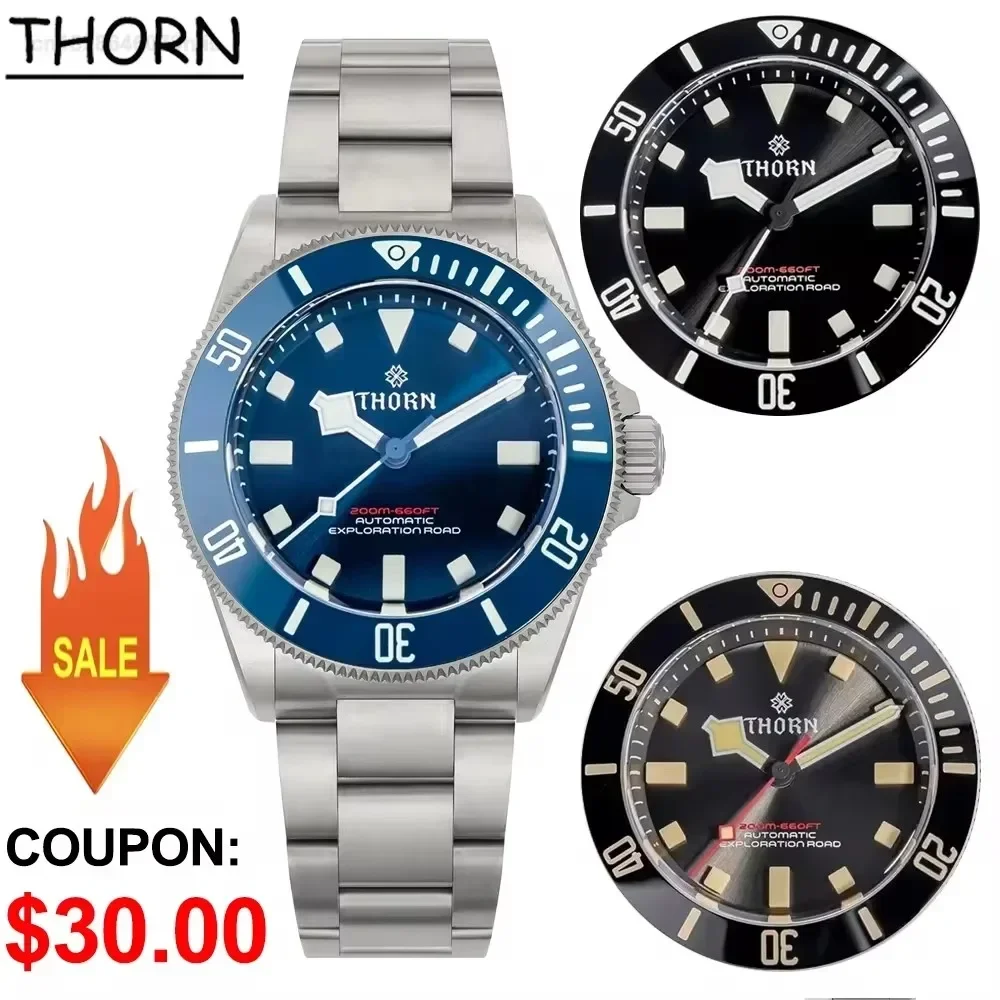 THORN 39mm Titanium Watch Men Homage Vintage PT5000 Movement Automatic Sapphire Crystal C3 Super Luminous 200M Waterproof Watch